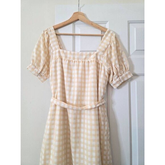 Lulus Love Me Sweeter Peach Gingham Puff Sleeve Midi Dress M NWOT - Picture 7 of 10